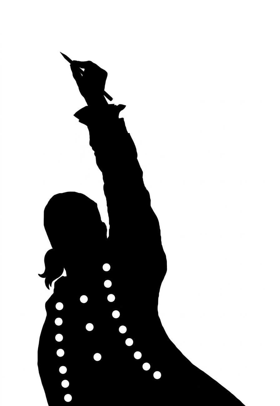 Silhouette of a figure raising a quill pen — the Hamilton icon reimagined as an act of declaration